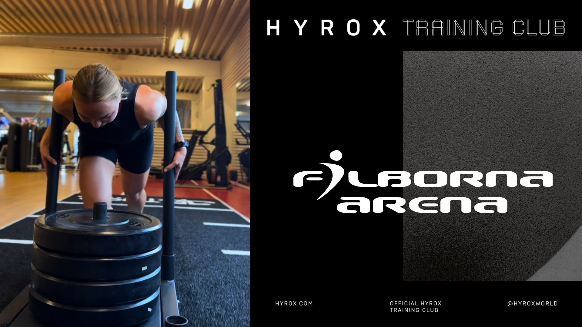 Kvinna puttar en vagn med vikter i ett gym